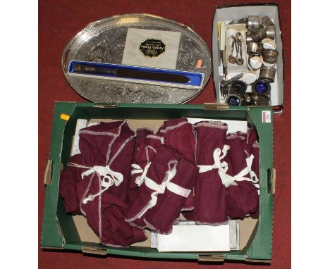 A collection of silver plated flatware, together with napkin rings, tray, and other silver plated items