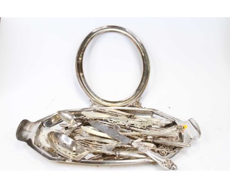 A Dunhill silver plated twin handled tray together with a collection of loose silver handled and white metal flatware, to inc