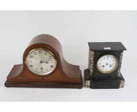A Victorian black slate mantel clock, the enamelled dial showing Roman numerals, having eight-day movement, h.22.5cm; togethe