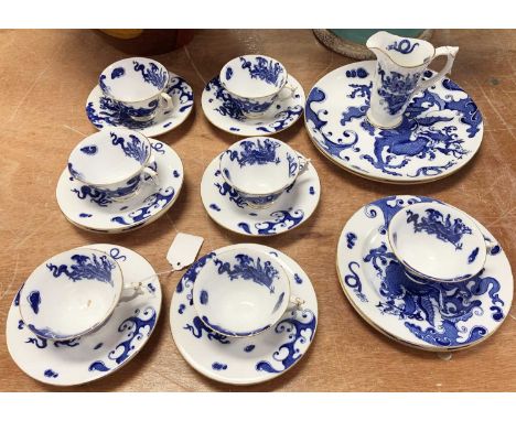A Royal Worcester Blue Dragon pattern seven-place tea service