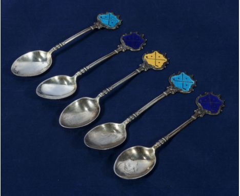 Five enamelled silver golf spoons, marked Bishop Auckland Golf Club, marks for 1930's  67gms