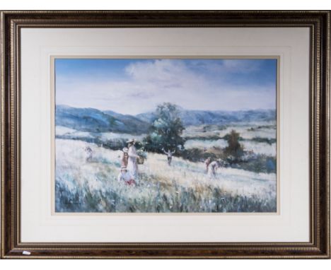 A large framed print of children picking flowers size 53 x 68cm