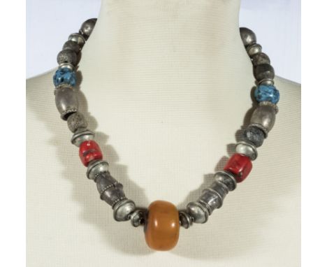 Old ethnic tribal necklace from Central Asia, faux amber, red coral hand made old silver coins and white metal, restrung