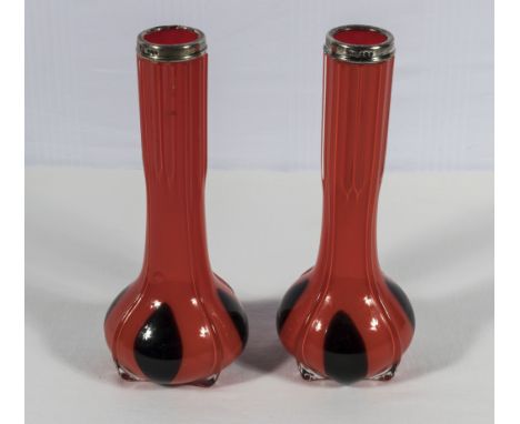 A pair of David loebl Shindler & Co. coral and black glass vases with silver collars