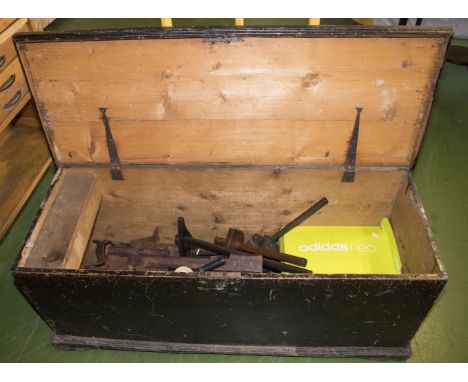 Pine chest containing vintage tools
