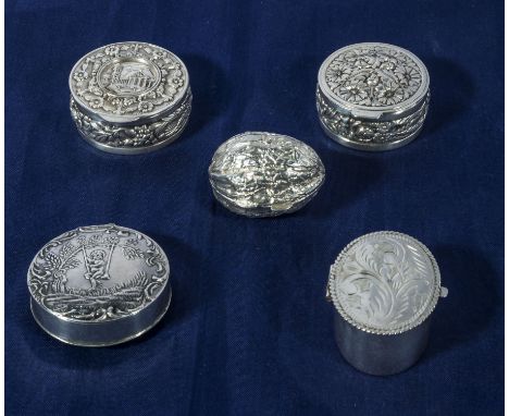 Five silver pill boxes