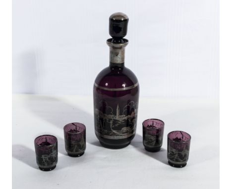 A Venetian glass decanter with and four glasses with silver overlay