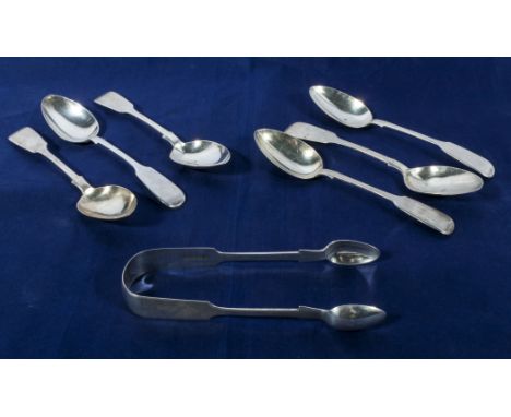 Six silver spoons and sugar tongs, Exeter assay mark 1848, makers name Robert, James and Josiah Williams, 170gms