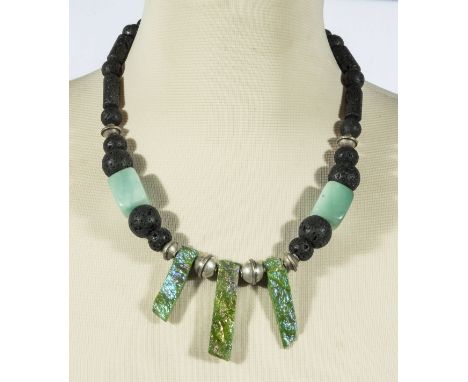 Unique designer necklace, green Italian glass, lava rock and titanium quartz                                                 