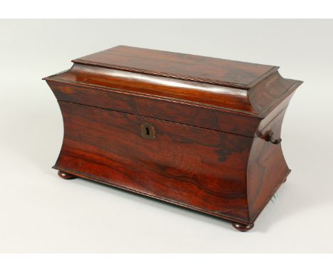 A LARGE LATE REGENCY MAHOGANY TWO-DIVISION TEA CADDY on bun feet. 38cms long.