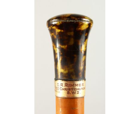A GOOD VICTORIAN MALACCA CANE, with tortoiseshell handle and 18ct gold band. Engraved G. R. RIMMER, 100 CHRISTCHURCH ROAD, SW
