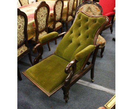 A GOOD 19TH CENTURY ROSEWOOD FRAMED METAMORPHIC ARMCHAIR, with button upholstered back, turned and carved front supports with