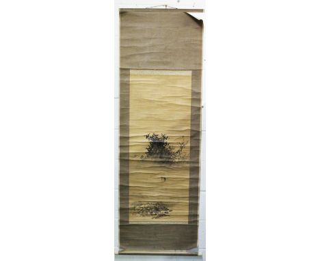 A LATE 19TH /EARLY 20TH CENTURY CHINESE SCROLL PAINTING IN ORIGINAL FITTED BOX, the scroll with carved ivory roundel's, the b