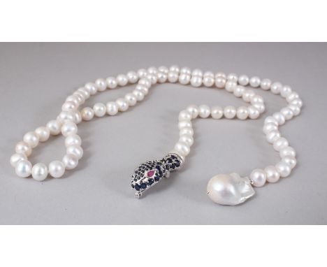 A SILVER, SAPPHIRE AND RUBY SNAKE CLASP PEARL NECKLACE.