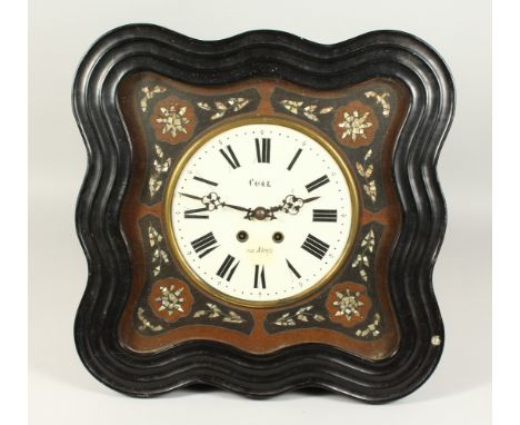 A 19TH CENTURY FRENCH WALL CLOCK, with mother-of-pearl inlaid ebony case, white enamel dial signed CUAL, AUX ABRETS. 48cms hi