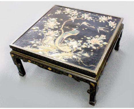 A GOOD 19TH CENTURY CHINESE INLAID LACQUER COFFEE TABLE, the table profusely inlaid with carved &amp; stained ivory or bone &