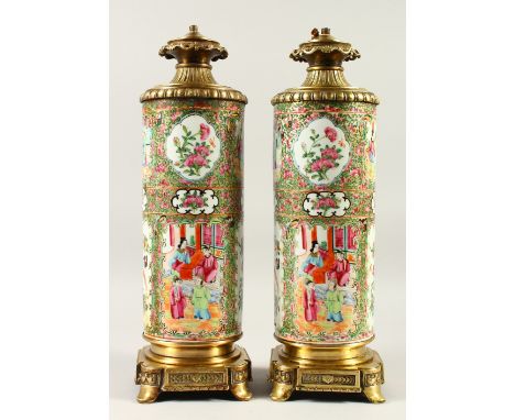 A PAIR OF 19TH CENTURY CHINESE CANTON PORCELAIN HAT STANDS CONVERTED TO LAMPS, with later added metal mountings converting to