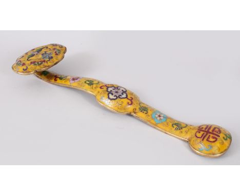 A CHINESE YELLOW GROUND CLOISONNE ENAMEL SCEPTRE. 40cms long.