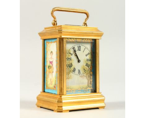 A MINIATURE BRASS CARRIAGE CLOCK, with Sevres style porcelain panels. 9cms high.