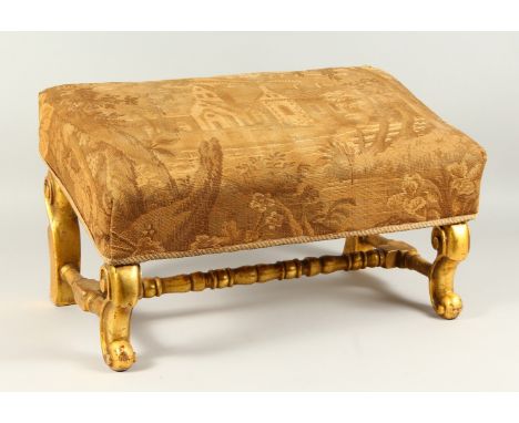 A 19TH CENTURY FRENCH GILTWOOD STOOL with tapestry top.