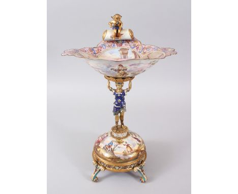 A SUPERB 19TH CENTURY VIENNA ENAMEL COMPORT, with a figure holding aloft a shaped dish, on a circular stand painted with figu