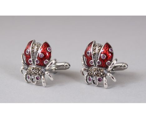 A PAIR OF SILVER AND RED ENAMEL LADYBIRD CUFFLINKS.