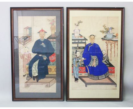 TWO LARGE 19TH CENTURY CHINESE FRAMED PAINTED SCROLL PICTURES, one depicting a lady in  uniform with young attendants, probab