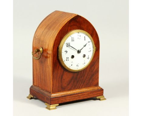 A 19TH CENTURY MAX LANCET TOP ROSEWOOD MANTLE CLOCK, the enamel dial, showing Arabic numerals, stylised Gothic design, gong s