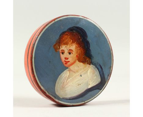 A NAIVE FOLK ART PAINTED CIRCULAR SNUFF BOX. 8cms diameter.