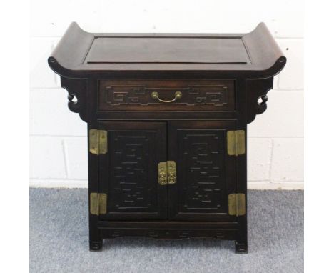 A GOOD HEAVY 19TH/20TH CENTURY CHINESE HARDWOOD ALTAR TABLE / CABINIET, the table ith scroll ends, a large drawer and a doubl