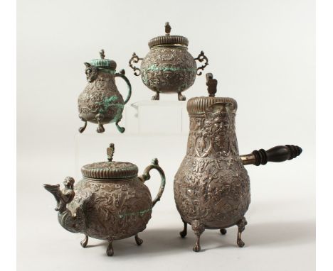 A SUPERB GROOT BOERSMA DUTCH SILVER FOUR PIECE TEA SET AND CHOCOLATE POT, comprising teapot, coffee pot, sugar basin and lid,