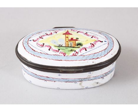A 19TH CENTURY BILSTON ENAMEL OVAL SNUFF BOX AND COVER, the lid with a building. 6cms long.