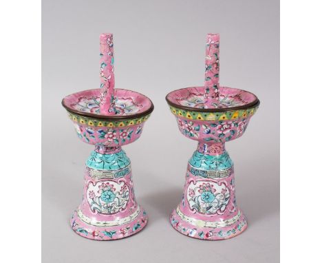 A PAIR OF CHINESE ENAMEL PRICKET CANDLESTICKS. 20cms high.
