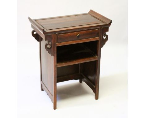 A CHINESE REDWOOD OPEN FRONTED SIDE TABLE, with a single drawer and shelf. 59cms long x 72cms high.