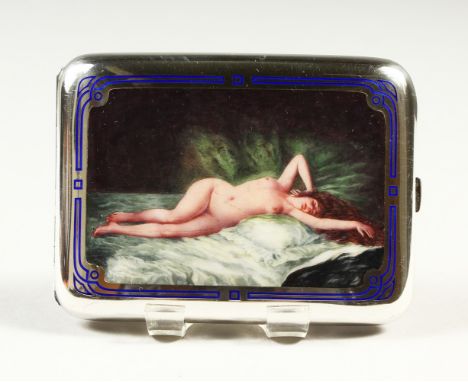 A SUPERB CONTINENTAL SILVER CIGARETTE CASE, the enamel front with a reclining nude with blue enamel surround. 11cms x 8cms.