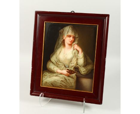 A SUPERB 19TH CENTURY BERLIN PORCELAIN PLAQUE of a young lady holding an Aladdins lamp. 33cms x 27cms.  Impressed mark K.P.M.