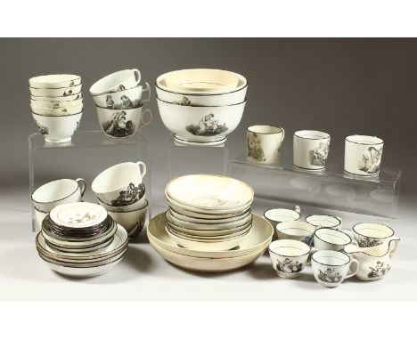 A VERY GOOD ENGLISH SEPIA DESIGN PART TEA SET, with Victorian scenes, comprising eight cups and saucers, six tea bowls, three