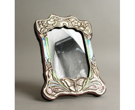 AN ART NOUVEAU STYLE SILVER AND ENAMEL PHOTOGRAPH FRAME. 21cms high.