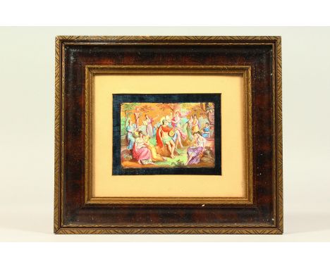 AN 18TH-19TH CENTURY ENAMEL FRAMED PLAQUE, classical scene with The Hunter and Maidens. 9cms x 12cms.