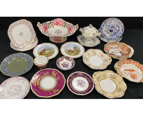 Spode pluck and dust printed shell dish, hand painted with a border of Boulton birds; another similar, bat printed birds;  Sp