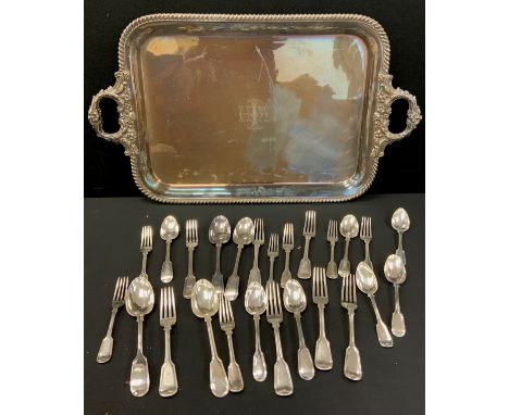 A large Victorian silver plated twin-handled rounded rectangular tray, approximately 76cm x 44cm;  assorted EPNS flatware.