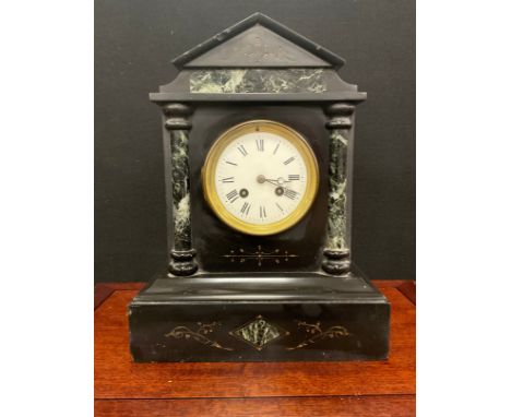 A 19th century Belge Noir slate mantel clock, twin holes, eight day movement, marble column pillars,incised decoration, 33cm 