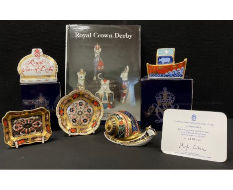 Royal Crown Derby including; Crown Name stand, gold stopper, with box, Garden Snail, limited edition number 4265/5000, gold s