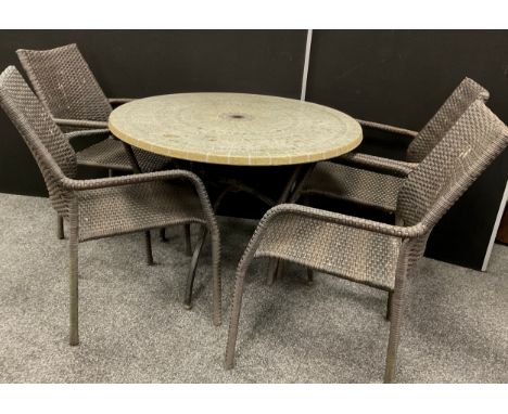 Garden furniture - a circular garden table with stone effect top, metal base, with set of four stackable rattan chairs, (5).
