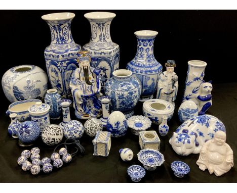 A collection of blue and white Chinese export ware including; a pair of large hexagonal vases, 45cm high, figure of elder, 33