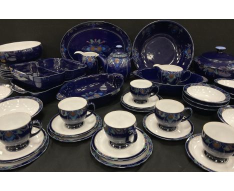 Denby Baroque pattern dinner table service for six comprised of; a meat dish, tea pot, milk jug, lidded tureen , large bowl a