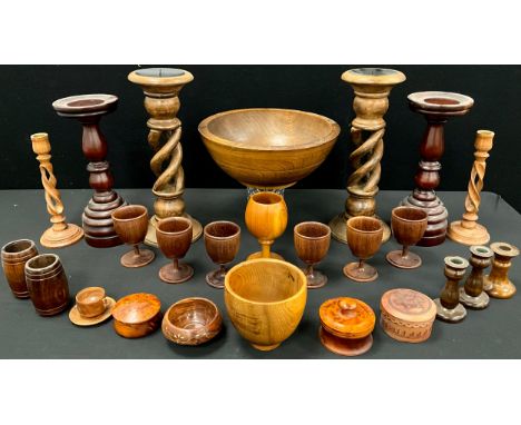 Boxes and objects - an early to mid 20th century elm dairy bowl, 12.5cm high x 32.5cm;  a set of six turned wood goblets;  ce