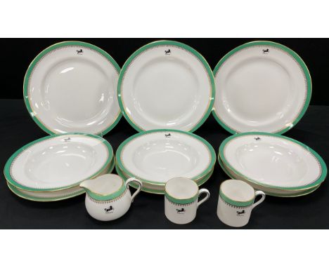A rare Spode Lloyds Bank part dinner service, decorated with logo and green border, comprised of; three large dinner plates, 
