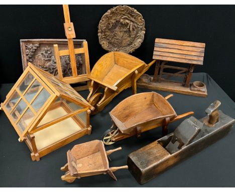 Boxes and objects - treen - an oak desk top ink well, as a miniature garden gate, 26cm high;  three miniature wheelbarrows, g