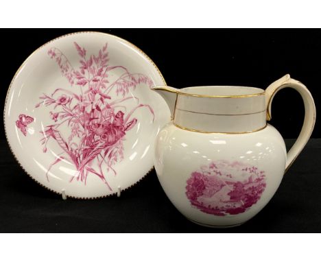 A 19th century Spode bat-printed landscape and monogram jug, 16cm high; Copeland transfer printed plate in puce, pattern no. 